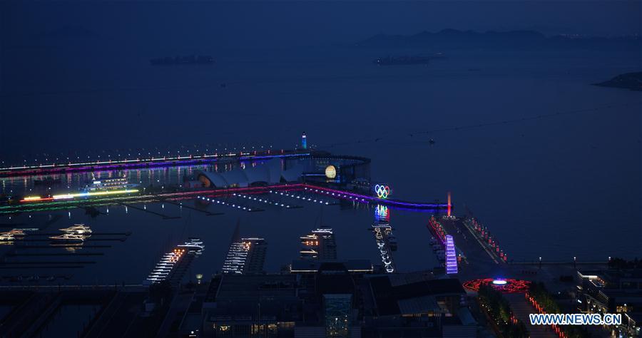 Photo taken on May 31, 2018 shows the night view of Olympic Sailing Center in Qingdao, east China\'s Shandong Province. The 18th Shanghai Cooperation Organization (SCO) Summit is scheduled for June 9 to 10 in Qingdao. (Xinhua/Wang Jianhua)