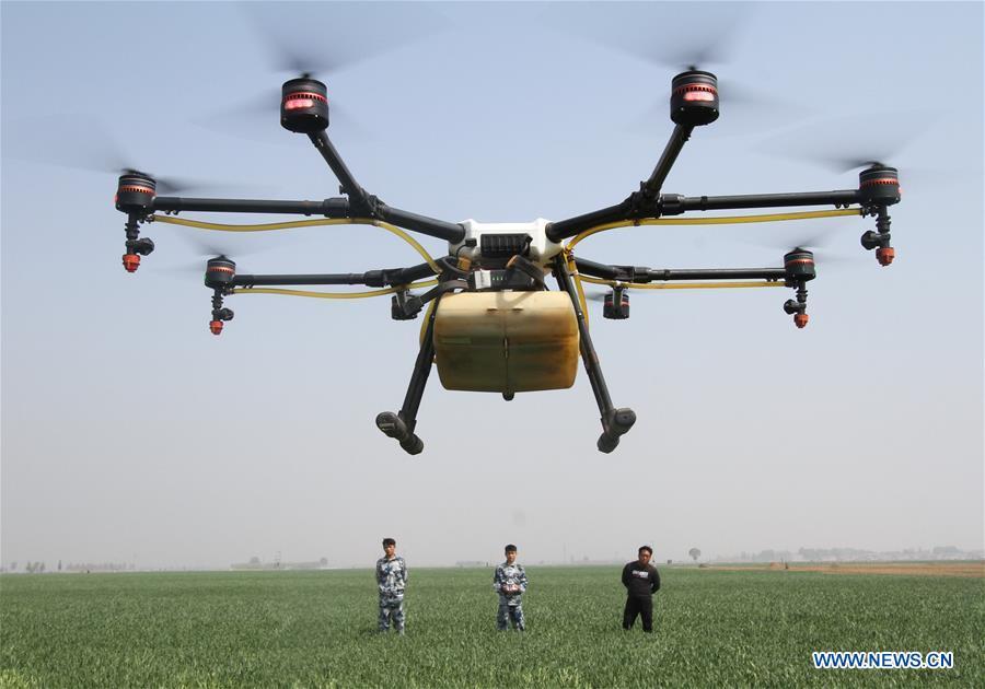 An agricultural drone works in the fields in Beiguan Village, Linzhang Township of north China\'s Hebei Province, April 19, 2018. Over the last few years, unmanned aerial vehicles (UAVs) have increasingly embedded in everyday life all around China. The duties of these civil drones range from agriculture, transportation to entertainment. The commercial sector relies on unmanned platforms for a variety of services, including aerial photography, crop monitoring, rescuing, delivering and performances. The wide use of drones not only makes life more convenient, but also broadens the imagination of Chinese people towards the coming future. (Xinhua/Hu Gaolei)