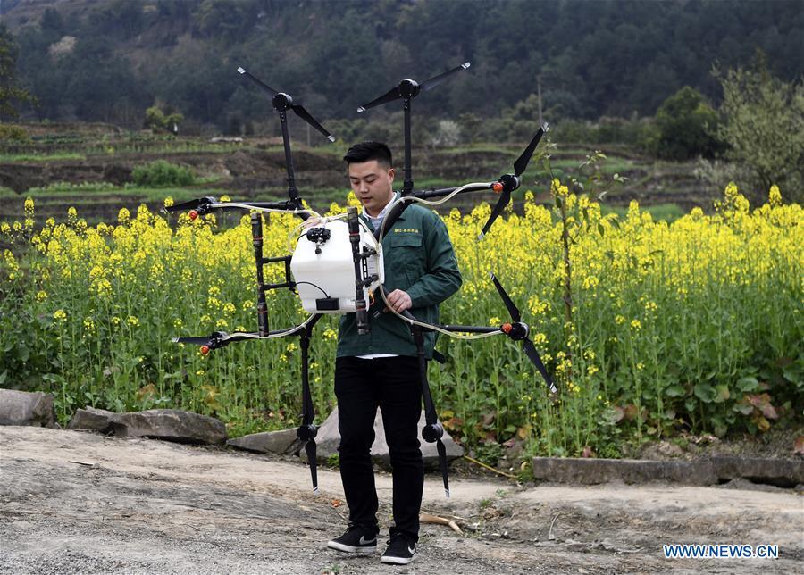 An agricultural technician prepares a drone for pesticide spraying in Zhaimen Village, southwest China\'s Chongqing, March 5, 2018. Over the last few years, unmanned aerial vehicles (UAVs) have increasingly embedded in everyday life all around China. The duties of these civil drones range from agriculture, transportation to entertainment. The commercial sector relies on unmanned platforms for a variety of services, including aerial photography, crop monitoring, rescuing, delivering and performances. The wide use of drones not only makes life more convenient, but also broadens the imagination of Chinese people towards the coming future. (Xinhua/Wang Quanchao)