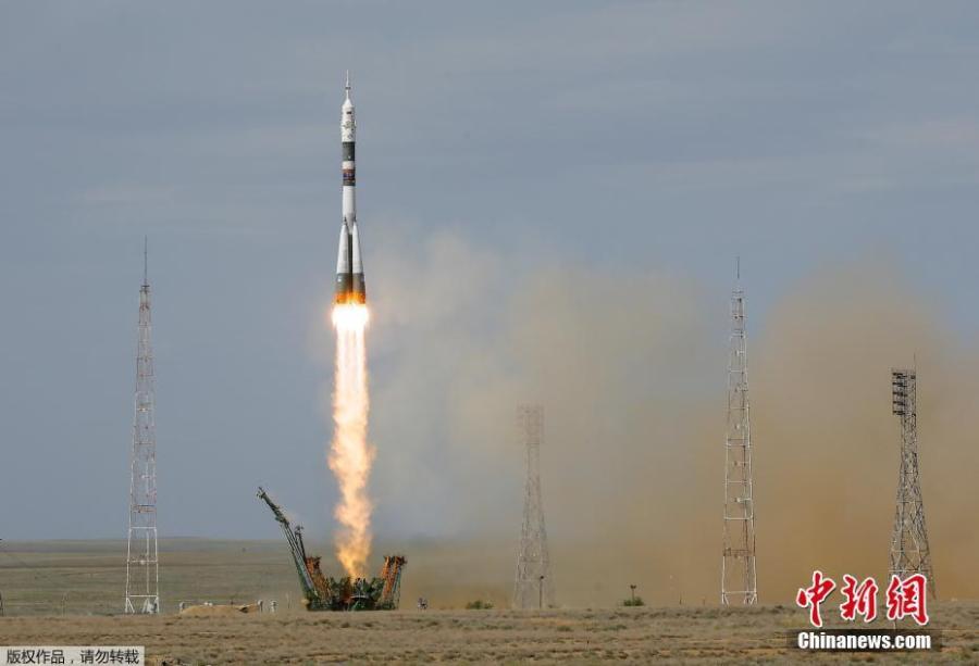 The Soyuz MS-09 spacecraft carrying the crew formed of astronauts Serena Aunon-Chancellor of the U.S, Alexander Gerst of Germany and cosmonaut Sergey Prokopyev of Russia blasts off to the International Space Station (ISS) from the launchpad at the Baikonur Cosmodrome, Kazakhstan, June 6, 2018. (Photo/Agencies)