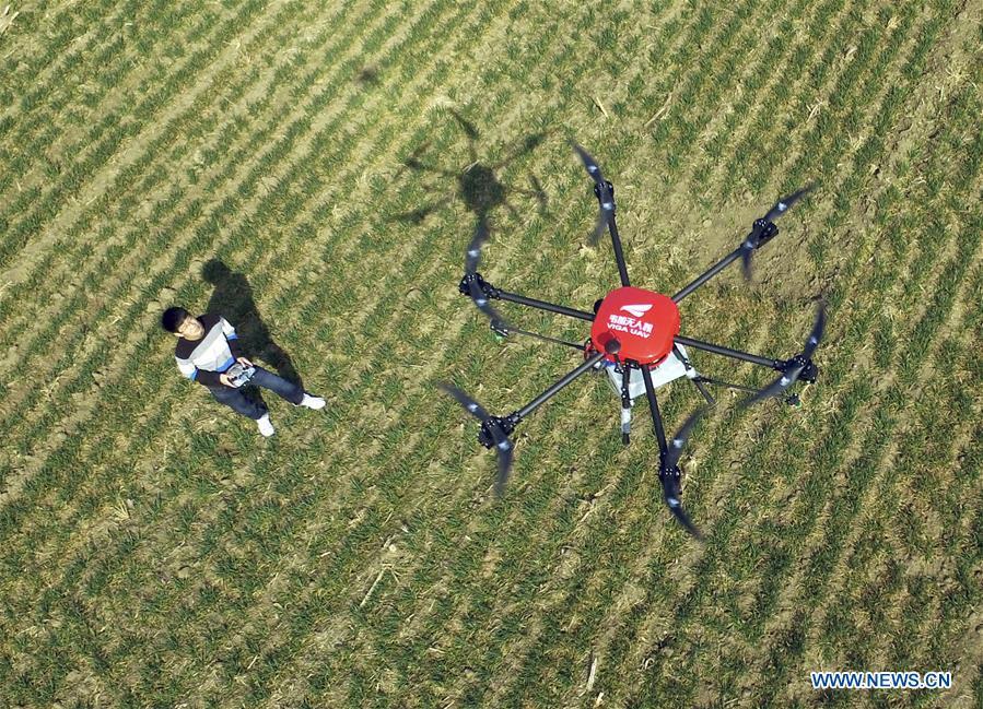 A farmer operates a drone for farm work in the fields in Zibo of east China\'s Shandong Province, March 14, 2018. Over the last few years, unmanned aerial vehicles (UAVs) have increasingly embedded in everyday life all around China. The duties of these civil drones range from agriculture, transportation to entertainment. The commercial sector relies on unmanned platforms for a variety of services, including aerial photography, crop monitoring, rescuing, delivering and performances. The wide use of drones not only makes life more convenient, but also broadens the imagination of Chinese people towards the coming future. (Xinhua/Cui Lilai)