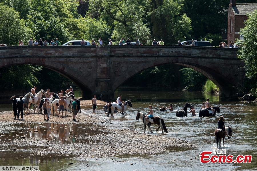 Pictures taken on June 7, 2018 show travelers washing and cooling off their horses in the Eden River as Appleby Horse Fair 2018 gets underway. Around 40,000 travelers from across the world descend on the area for the seven day festival, a tradition that dates back to the 17th century.(Photo/Agencies)