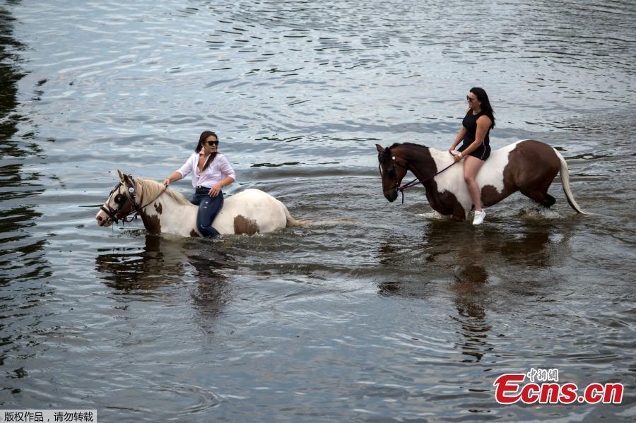 Pictures taken on June 7, 2018 show travelers washing and cooling off their horses in the Eden River as Appleby Horse Fair 2018 gets underway. Around 40,000 travelers from across the world descend on the area for the seven day festival, a tradition that dates back to the 17th century.(Photo/Agencies)