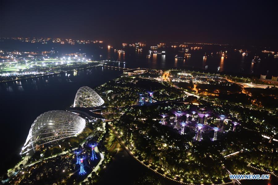 Photo taken on June 8, 2018 shows a night view of Singapore. The much-anticipated meeting between U.S. President Donald Trump and Kim Jong Un, top leader of the Democratic People\'s Republic of Korea (DPRK) is to start here on Tuesday. (Xinhua/Qin Qing)