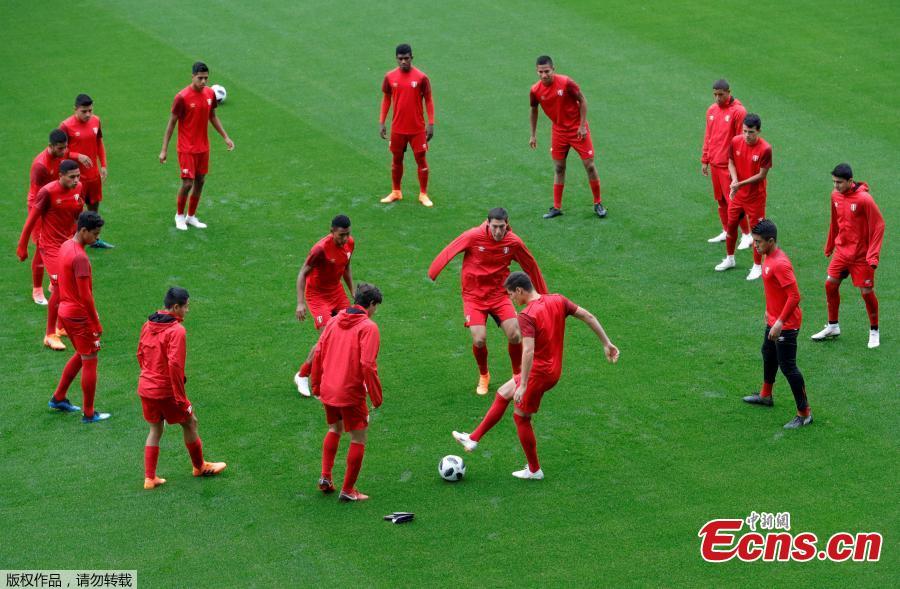 Footballers of the Peru national team train at Arena Khimki in Khimki, Moscow Region, Russia, ahead of the 2018 World Cup. (Photo/Agencies)