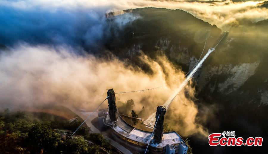 File photo of Zhangjiajie Grand Canyon Glass Bridge in Zhangjiajie City, Central China’s Hunan Province. The bridge, designed by the China Railway Major Bridge Reconnaissance & Design Institute, has won the Arthur G. Hayden Medal at the 35th International Bridge Conference (IBC), the pre-eminent arena for the world’s bridge industry. (Photo: China News Service/Wang Hu)