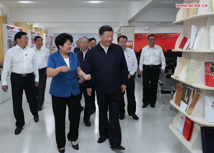 Chinese President Xi Jinping, also general secretary of the Communist Party of China (CPC) Central Committee and chairman of the Central Military Commission, visits Sanjianxi Village, where he stresses the importance of talent to realize rural vitalization, Zhangqiu District in Jinan, capital of east China\'s Shandong Province, June 14, 2018. Xi made an inspection tour in Shandong from June 12 to 14. (Xinhua/Xie Huanchi)