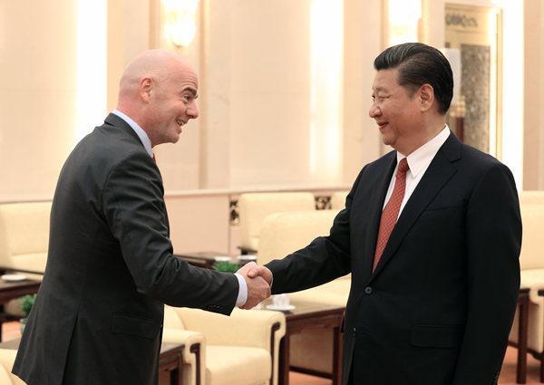 [Photo by Wu Zhiyi/China Daily]

June 14, 2017

President Xi Jinping meets with FIFA President Gianni Infantino at the Great Hall of the People in Beijing. China and FIFA vowed to deepen cooperation, as President Xi stressed the goal of gradually raising the level of Chinese soccer.