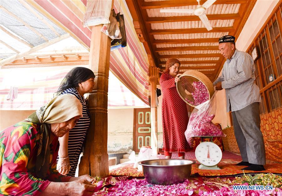<?php echo strip_tags(addslashes(Flower grower Ruz and his wife Tajinisa weigh rose petals used for making rose sauce at a village in Hotan, northwest China's Xinjiang Uygur Autonomous Region, June 6, 2018. People in the village are good at making rose sauce, and that is an important source of income for them. (Xinhua/Zhao Ge))) ?>