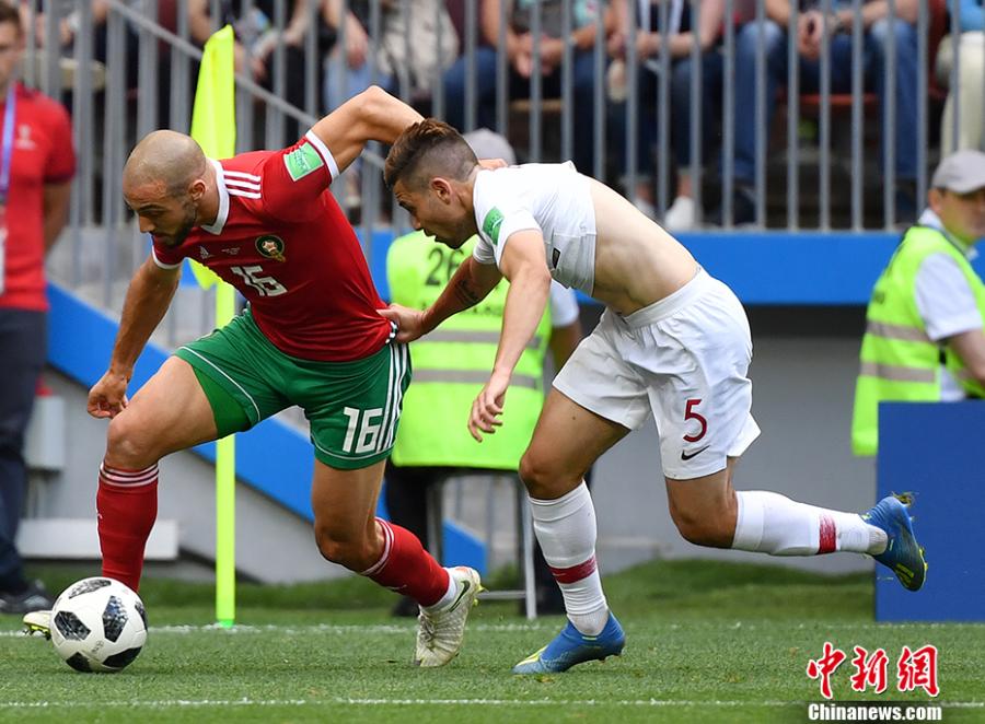 A match between Portugal and Morocco in a Group B match of the World Cup at Luzhniki Stadium, Moscow, Russia, June 20, 2018. (Photo: China News Service/Mao Jianjun)