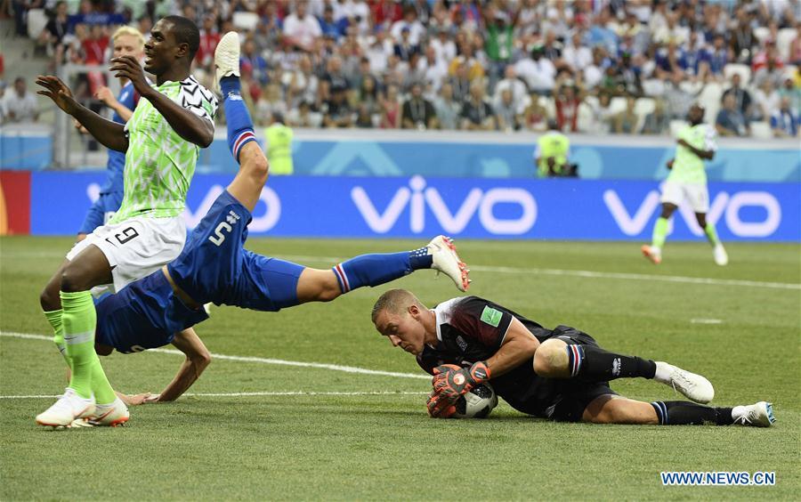 <?php echo strip_tags(addslashes(Iceland's goalkeeper Hannes Halldorsson (R bottom) defends during the 2018 FIFA World Cup Group D match between Nigeria and Iceland in Volgograd, Russia, June 22, 2018. Nigeria won 2-0. (Xinhua/Lui Siu Wai))) ?>