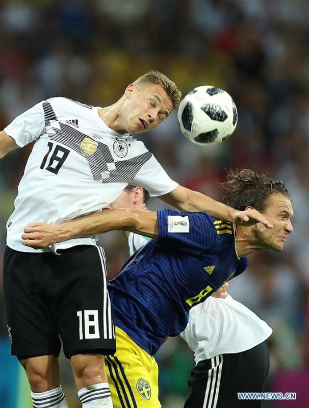 <?php echo strip_tags(addslashes(Joshua Kimmich (L) of Germany competes for a header with Albin Ekdal of Sweden during the 2018 FIFA World Cup Group F match between Germany and Sweden in Sochi, Russia, June 23, 2018. (Xinhua/Fei Maohua))) ?>