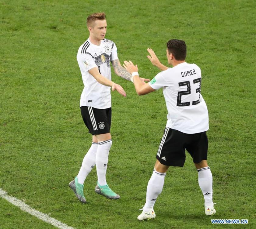 <?php echo strip_tags(addslashes(Marco Reus (L) of Germany celebrates scoring with teammate Mario Gomez during the 2018 FIFA World Cup Group F match between Germany and Sweden in Sochi, Russia, June 23, 2018. (Xinhua/Ye Pingfan))) ?>