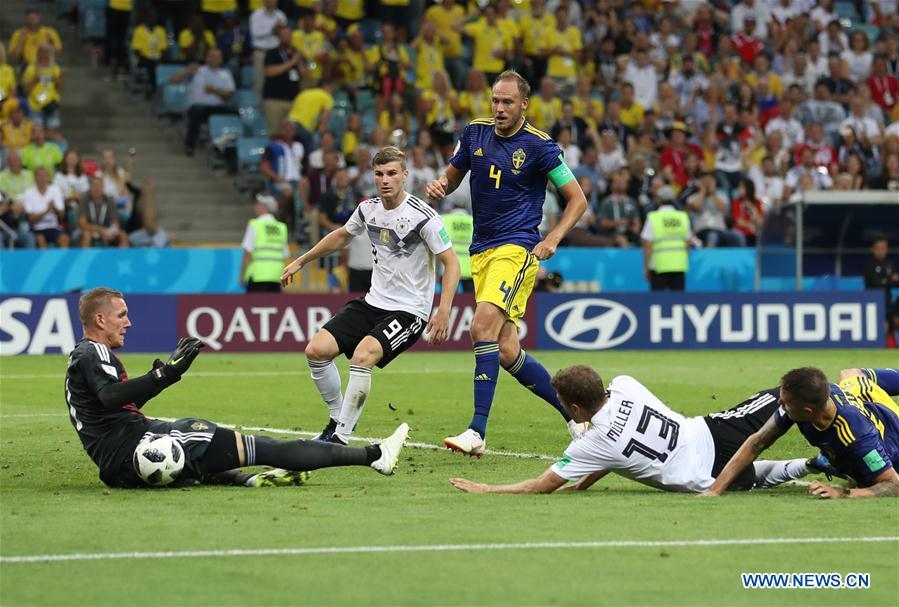 <?php echo strip_tags(addslashes(Sweden's goalkeeper Robin Olsen (1st L) defends during the 2018 FIFA World Cup Group F match between Germany and Sweden in Sochi, Russia, June 23, 2018. (Xinhua/Lu Jinbo))) ?>