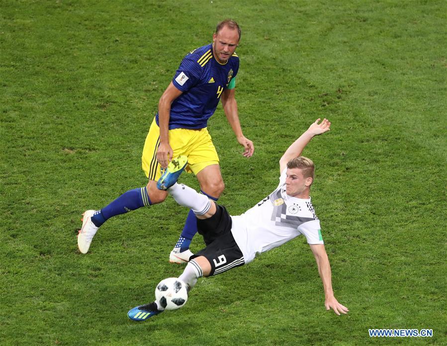 <?php echo strip_tags(addslashes(Timo Werner (bottom) of Germany vies with Andreas Granqvist of Sweden during the 2018 FIFA World Cup Group F match between Germany and Sweden in Sochi, Russia, June 23, 2018. (Xinhua/Ye Pingfan))) ?>