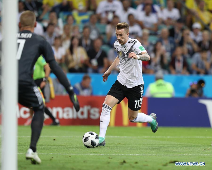 <?php echo strip_tags(addslashes(Marco Reus (R) of Germany competes during the 2018 FIFA World Cup Group F match between Germany and Sweden in Sochi, Russia, June 23, 2018. (Xinhua/Lu Jinbo))) ?>