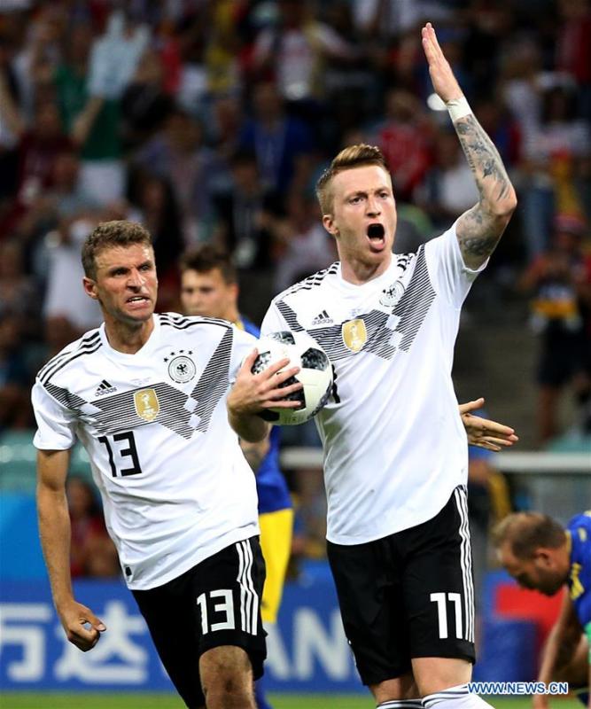 Marco Reus (R) of Germany celebrates his scoring during the 2018 FIFA World Cup Group F match between Germany and Sweden in Sochi, Russia, June 23, 2018. (Xinhua/Li Ming)