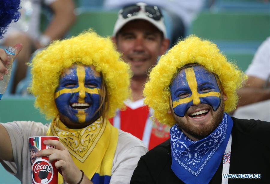 Fans of Sweden are seen prior to the 2018 FIFA World Cup Group F match between Germany and Sweden in Sochi, Russia, June 23, 2018. (Xinhua/Li Ming)