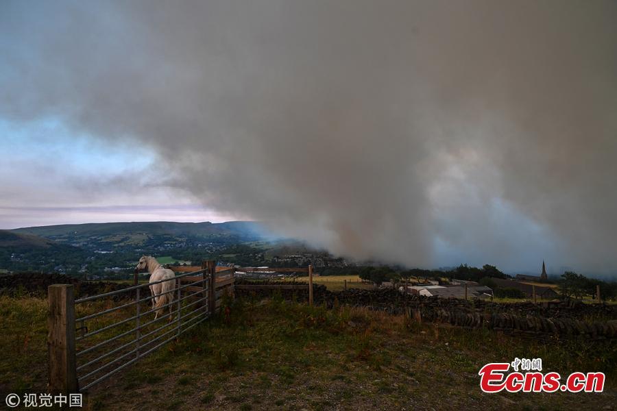 A large wildfire sweeps across the moorland between Dovestones and Buckton Vale in Stalybridge, Greater Manchester in Stalybridge, England, June 26, 2018.(Photo/VCG)
