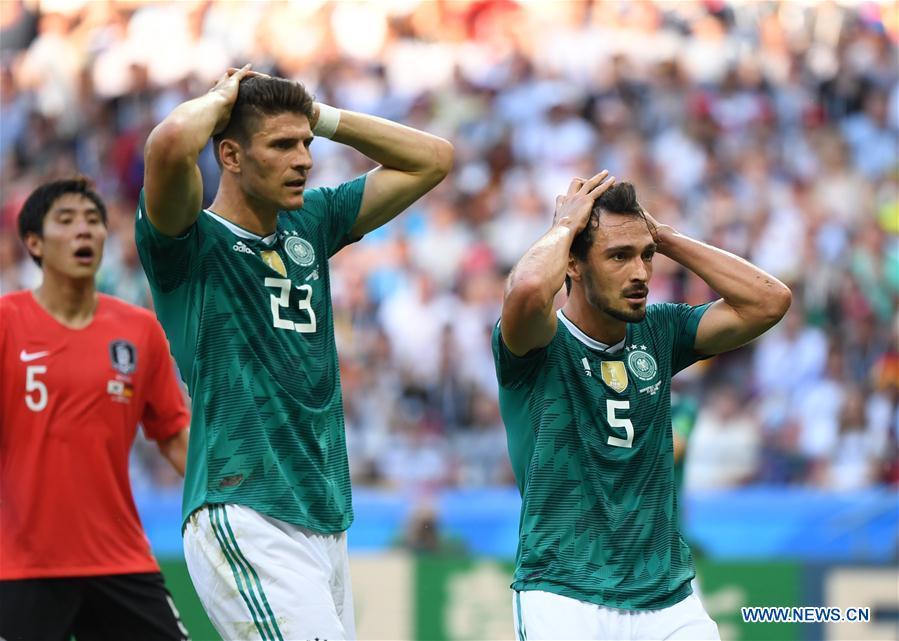 <?php echo strip_tags(addslashes(Mario Gomez (C) and Mats Hummels of Germany react during the 2018 FIFA World Cup Group F match between Germany and South Korea in Kazan, Russia, June 27, 2018. (Xinhua/Li Ga))) ?>