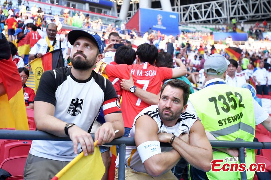 Germany’s fans react during the World Cup match between South Korea and Germany in Kazan Arena, Kazan, Russia, June 27, 2018. (Photo: China News Service/Tian Bochuan)