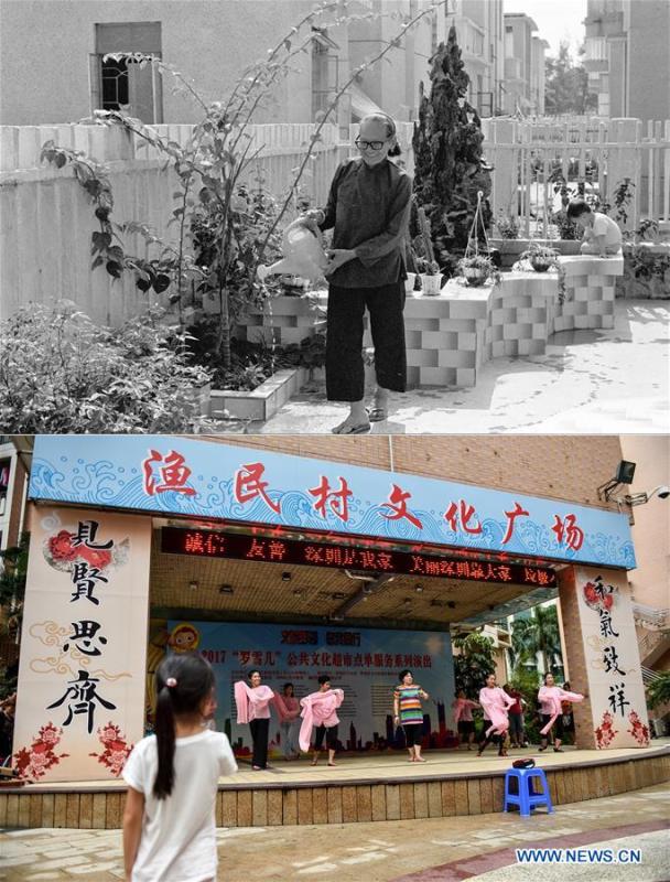 <?php echo strip_tags(addslashes(The upper part (file) of this combo photo taken by Pan Jiamin shows a resident watering flowers in Yumin village in Shenzhen, south China's Guangdong Province. The lower part of the combo photo taken by Mao Siqian on Sept. 7, 2017 shows residents dancing at a community culture plaza in Yumin village. This year marks the 40th anniversary of China's reform and opening-up policy. Over the past four decades, Shenzhen has developed from a small fishing village to a metropolis. (Xinhua))) ?>