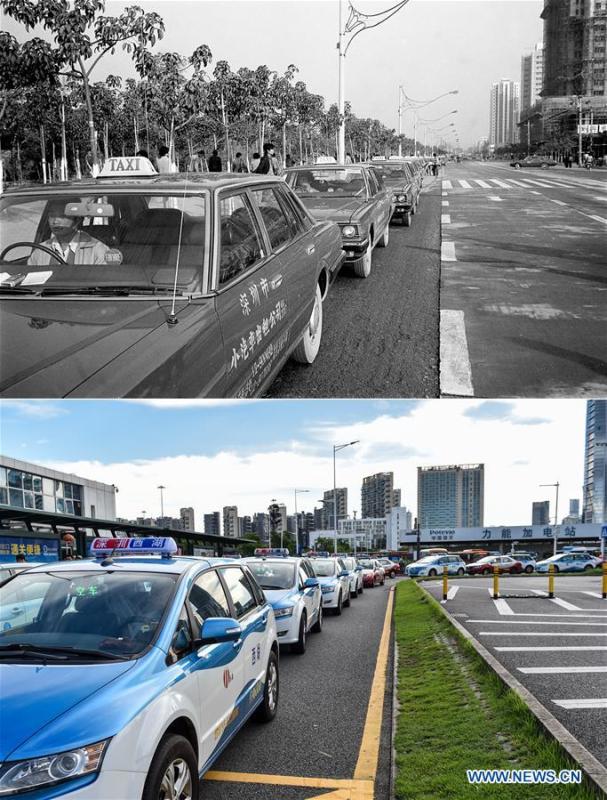 The upper part (file) of this combo photo taken by Chen Xuesi shows taxies in Shenzhen, south China\'s Guangdong Province. The lower part of the combo photo taken by Mao Siqian on June 24, 2018 shows electric taxies in Shenzhen. As of this April, the number of electric taxies in Shenzhen has topped 13,000. This year marks the 40th anniversary of China\'s reform and opening-up policy. Over the past four decades, Shenzhen has developed from a small fishing village to a metropolis. (Xinhua)