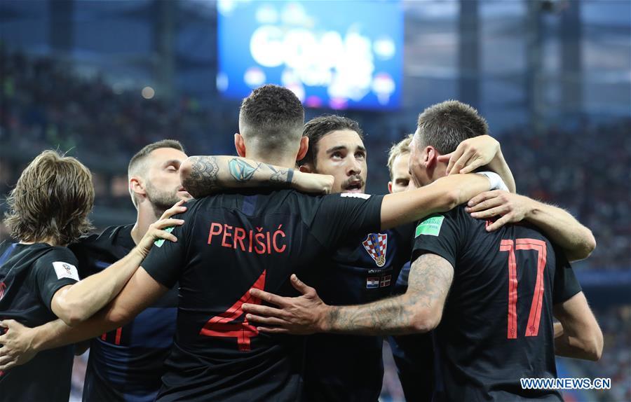 Players of Croatia celebrate Mario Mandzukic\'s goal during the 2018 FIFA World Cup round of 16 match between Croatia and Denmark in Nizhny Novgorod, Russia, July 1, 2018. (Xinhua/Bai Xueqi)