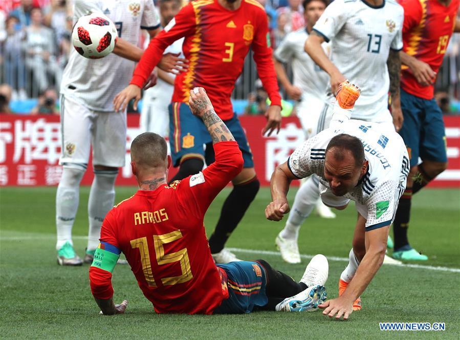 <?php echo strip_tags(addslashes(Sergey Ignashevich (R bottom) of Russia scores an own goal during the 2018 FIFA World Cup round of 16 match between Spain and Russia in Moscow, Russia, July 1, 2018. (Xinhua/Cao Can))) ?>