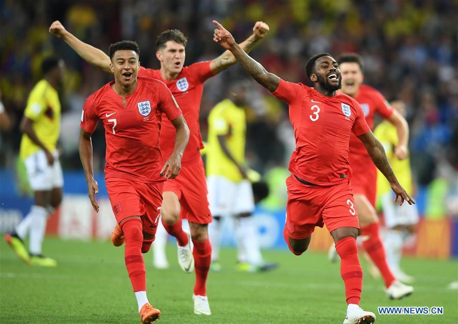 Players of England celebrate victory after the 2018 FIFA World Cup round of 16 match between England and Colombia in Moscow, Russia, July 3, 2018. England won 5-4 (4-3 in penalty shootout) and advanced to the quarter-final. (Xinhua/Du Yu)