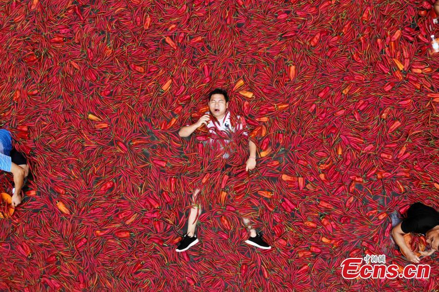 Tang Shuaihui competes in a chili pepper eating contest in a pool in Ningxiang City, Central China’s Hunan Province, July 8, 2018. Tang swallowed 50 chili peppers in one minute to win first prize. (Photo: China News Service/Yang Huafeng)
