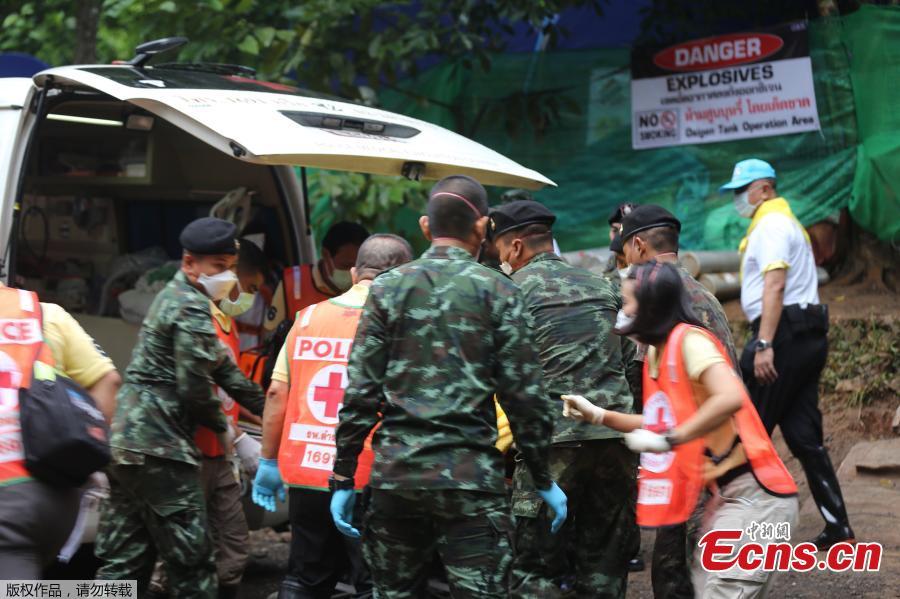 Rescuers work near Tham Luang cave complex in the northern province of Chiang Rai, Thailand, July 8, 2018. Four boys have exited a flooded cave in northern Thailand where they have been trapped for more than two weeks, a senior member of rescue operation’s medical team said on Sunday. (Photo/Agencies)