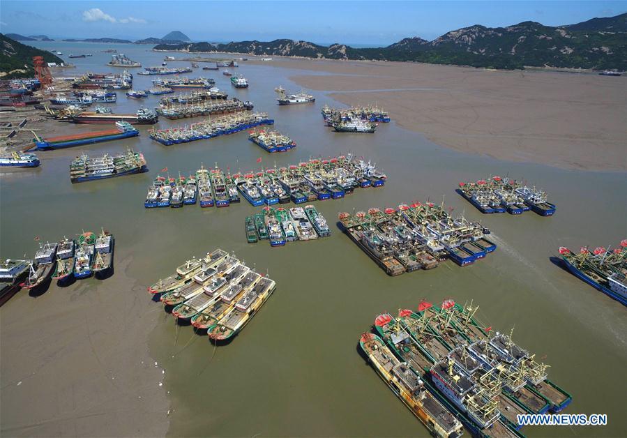 Fishing boats are seen at berth at a harbor in Songmen Township of Wenling City, east China\'s Zhejiang Province, July 9, 2018. A yellow-level alert has been issued and third-level emergency response has been activated to cope with approaching typhoon Maria, the eighth typhoon this year, in China\'s coastal provinces. (Xinhua/Liu Zhenqing)