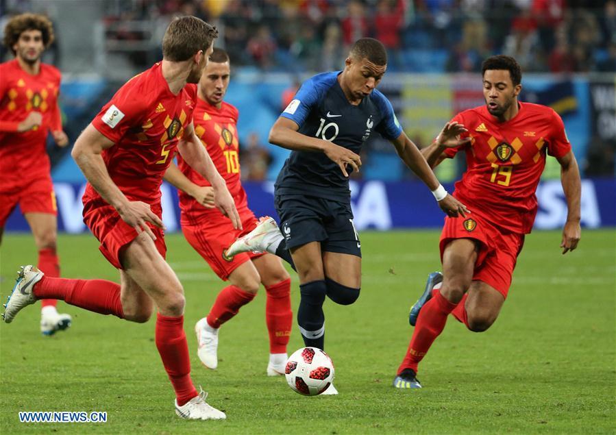 Kylian Mbappe (2nd R) of France competes during the 2018 FIFA World Cup semi-final match between France and Belgium in Saint Petersburg, Russia, July 10, 2018. (Xinhua/Li Ming)