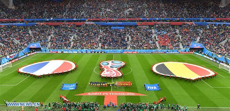 Photo taken on July 10, 2018 shows the pre-game ceremony of the 2018 FIFA World Cup semi-final match between France and Belgium in Saint Petersburg, Russia. (Xinhua/Liu Dawei)