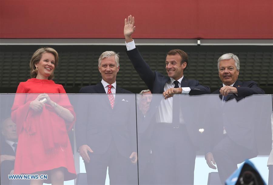 French President Emmanuel Macron (2nd R) and King Philippe of Belgium (2nd L) are seen prior to the 2018 FIFA World Cup semi-final match between France and Belgium in Saint Petersburg, Russia, July 10, 2018. (Xinhua/Fei Maohua)