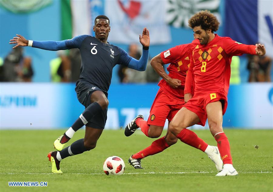 Kevin De Bruyne (C) of Belgium vies with Antoine Griezmann (R) and Blaise Matuidi of France during the 2018 FIFA World Cup semi-final match between France and Belgium in Saint Petersburg, Russia, July 10, 2018. (Xinhua/Li Ming)