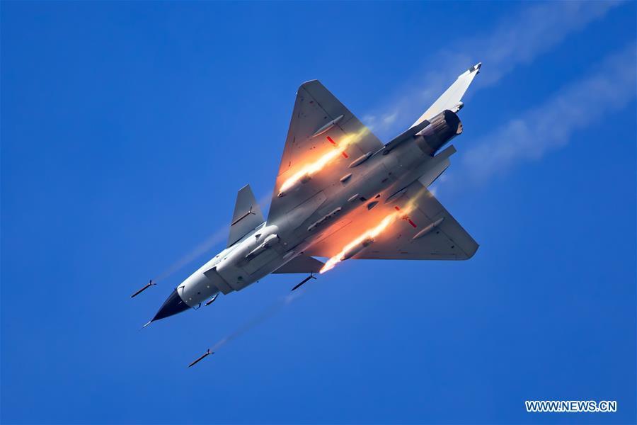 A PLA air force J-10A fighter is seen during a training module in preparation for the International Army Games on July 11, 2018. The Chinese People\'s Liberation Army (PLA) air force will send H-6K bombers, J-10A fighters, JH-7A fighter-bombers, IL-76 and Y-9 transport aircrafts, and a team of airborne troops to Russia to participate in the International Army Games 2018. It will be the first time that H-6K bombers and Y-9 transport aircraft have gone abroad to take part in military competitions.(Xinhua/Yang Pan)