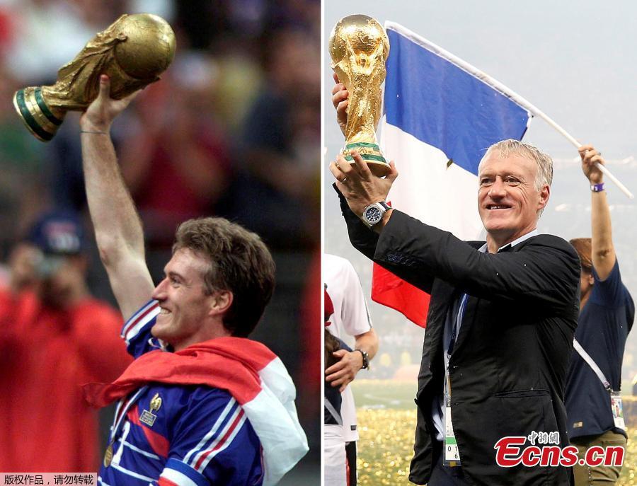 A combination picture shows Didier Deschamps holding the World Cup winner trophy as French soccer team captain on July 12, 1998 (L) at the Stade de France in Saint-Denis, France, and as French soccer team coach on July 15, 2018 (R) at Luzhniki Stadium in Moscow, Russia. (Photo/Agencies)