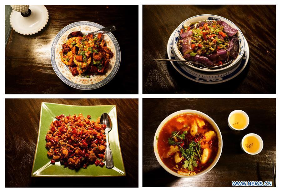 The combined photo shows Kung Fu Shrimp (top L), Sichuan-style eggplants (top R), Chongqing braised fish stew (bottom R) and Chongqing spicy chicken (bottom L) made by Cafe China in New York, the United States, on July 5, 2018. Walking in the bustling street of midtown Manhattan, you may not notice Cafe China if there weren\'t so many people waiting for seats outside the Chinese restaurant. Although the space is limited and decoration not so luxury, Cafe China has won Michelin one star for six consecutive years from 2012 to 2017. Wang Yiming and Zhang Xian, a couple from China, quit their well-paid financial jobs in New York and opened Cafe China with the ambition to provide authentic Sichuan cuisine along with a comfortable dining environment. They decided not to sell American-Chinese dishes like most Chinese restaurants did at that time. Meanwhile, the couple decorated the place with items such as vintage posters, antique cameras and lamps to create an old Shanghai style. At the beginning, their idea was strongly opposed by many friends and even their staff, as the American-Chinese food was the easiest way to make money at that time. However, it surprised them that many Americans swarmed to Cafe China with curiosity for decent Chinese dishes and the unique dining environment as soon as the restaurant just opened. The couple believed the success of Cafe China resulted from not only the appeal of authentic Chinese food but also the sophisticated Chinese culture behind it. \