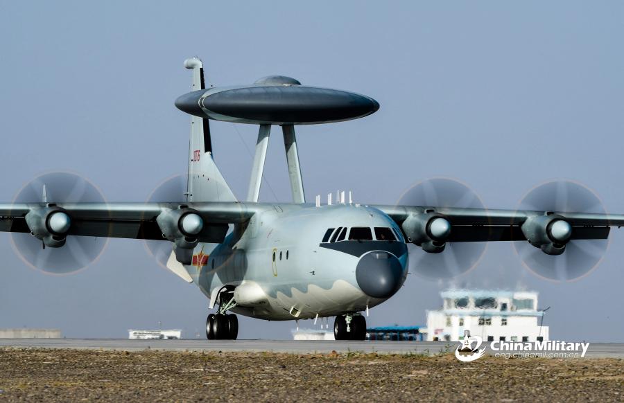 <?php echo strip_tags(addslashes(An airborne early warning (AEW) aircraft taxies on the runway before takeoff for a sortie during the 