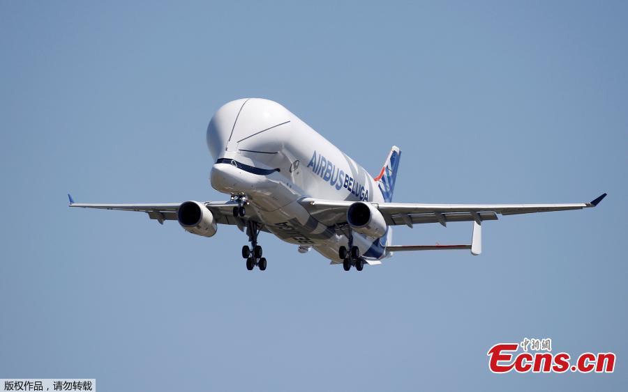 An Airbus Beluga XL transport plane flies during its first flight event in Colomiers near Toulouse, France, July 19, 2018. (Photo/Agencies)