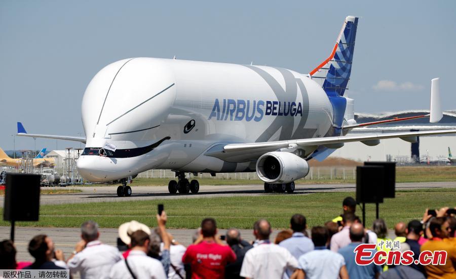 An Airbus Beluga XL transport plane is seen on the tarmac after its first flight event in Colomiers near Toulouse, France, July 19, 2018. (Photo/Agencies)