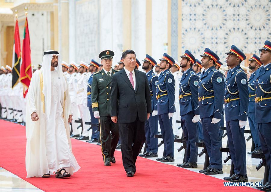 <?php echo strip_tags(addslashes(Chinese President Xi Jinping, accompanied by Crown Prince of Abu Dhabi Sheikh Mohammed bin Zayed Al Nahyan, reviews the guard of honor during a grand welcome ceremony in Abu Dhabi, the United Arab Emirates (UAE), July 20, 2018. Xi arrived here on Thursday for a state visit to the UAE. (Xinhua/Li Xueren))) ?>