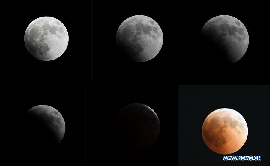 The combo photo taken on July 27, 2018 shows the process of the longest total lunar eclipse of the century in the sky over Cairo, Egypt. (Xinhua/Wu Huiwo)