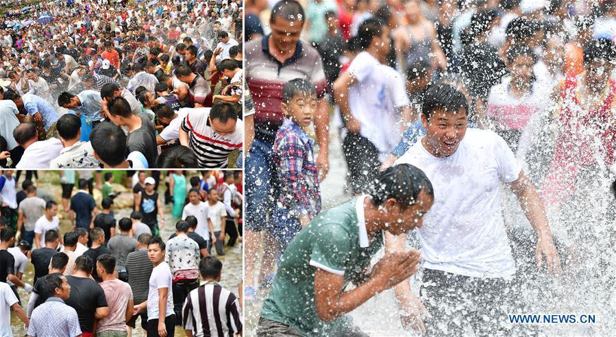 The combined photo taken on July 28, 2018 shows people attend the Naoyu Festival in Rongshui Miao Autonomous County, south China\'s Guangxi Zhuang Autonomous Region. Due to harsh environmental conditions, Rongshui has long been a less developed area in China. Up to now, there are still 76,800 impoverished people living in the county. In recent years, the local government carries out effective methods for poverty alleviation, helping local people to build roads, repair houses, improve education and develop industry. (Xinhua/Huang Xiaobang)