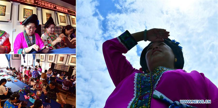 The combined photo taken on July 29, 2018 shows Li Yuhua, an impoverished villager, on her way to attend an Miao embroidery class (R) and practices during the training session (L, top and bottom) in Rongshui Miao Autonomous County, south China\'s Guangxi Zhuang Autonomous Region. Due to harsh environmental conditions, Rongshui has long been a less developed area in China. Up to now, there are still 76,800 impoverished people living in the county. In recent years, the local government carries out effective methods for poverty alleviation, helping local people to build roads, repair houses, improve education and develop industry. (Xinhua/Huang Xiaobang)