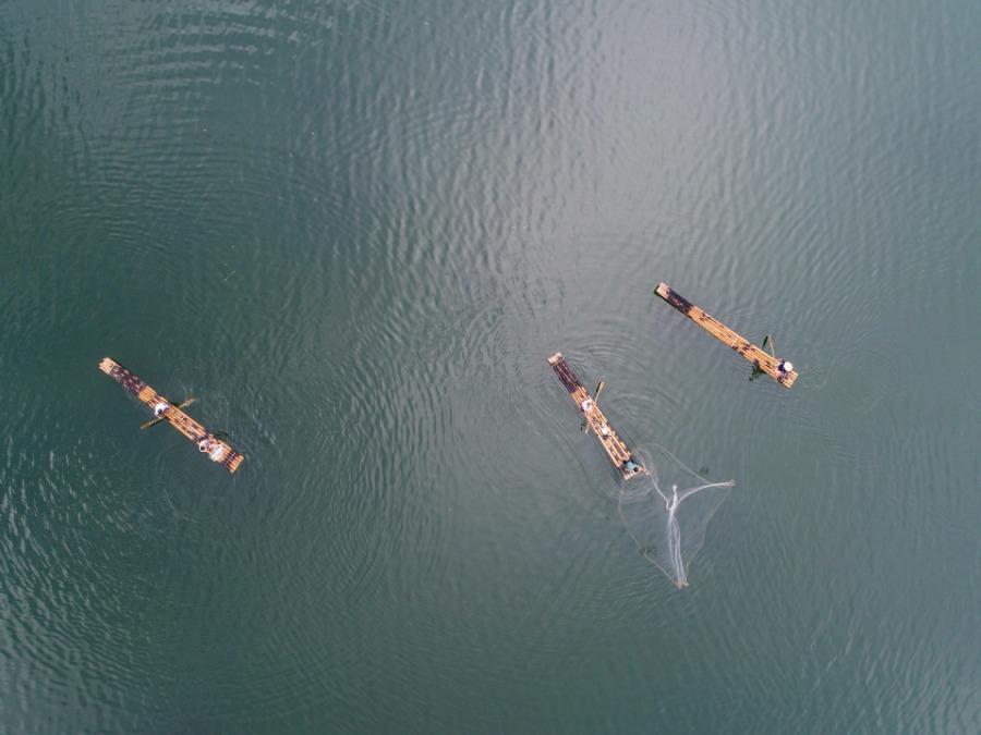 Fishermen cast nets on a bamboo raft on Qiandao Lake, Hangzhou city, Zhejiang Province, Aug. 2, 2018. After a three-month break, fishermen resume a new round of catches in the area, where rural tourism and recreational fishing are highlights of the local industry. [Photo/Xinhua]