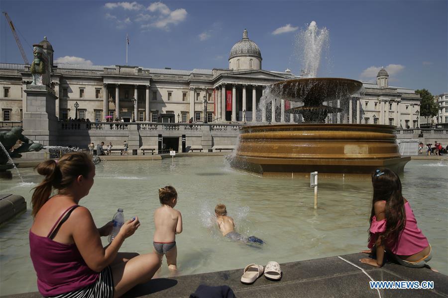 <?php echo strip_tags(addslashes(Children play at a fountain at Trafalgar Square in London, Britain, on Aug. 3, 2018. Britain is currently experiencing high temperatures as a heatwave continues across Europe. (Xinhua/Tim Ireland))) ?>