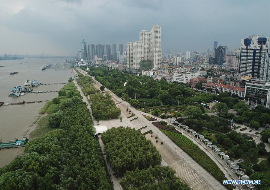 Aerial photo taken on Aug. 4, 2018 shows the scenery of the bank of the Wuhan section of the Yangtze River in Wuhan, capital of central China\'s Hubei Province. (Xinhua/Jin Liwang)